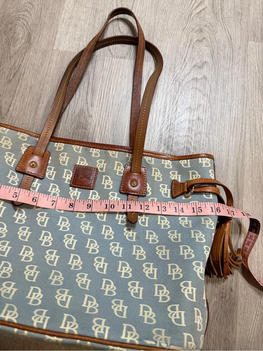 Dooney & Bourke Light Blue Monogram Tote with Brown Leather Trim